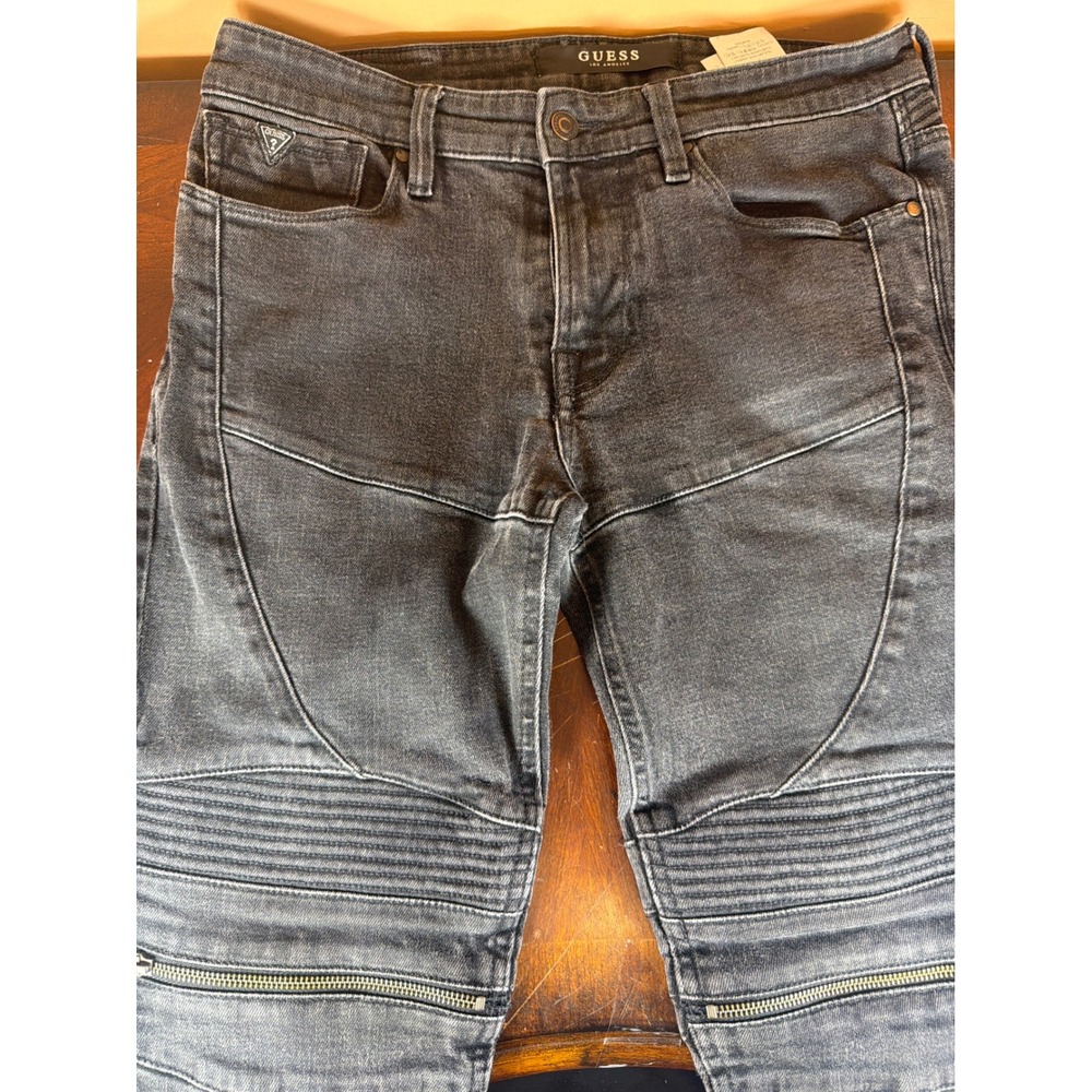 Guess Los Angeles Mens Slim Tapered Moto Biker Jeans Faded Black Ribbed Knee 33
